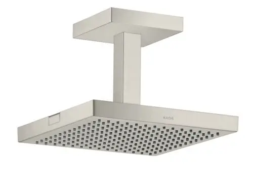 Duschkopf von AXOR mit quadratischer Fläche und Deckenanschluss. Oberfläche in Edelstahl-Optik, mit gleichmäßigen Düsen zur Wasserverteilung.